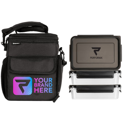 Custom 3 Meal Cooler Bag, With Containers, Black, Your Brand Here, Performa Custom Canada