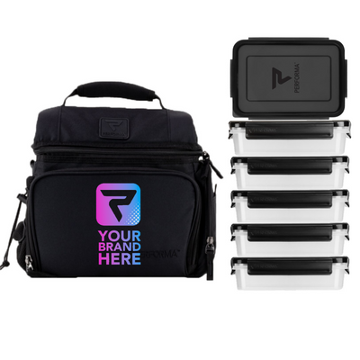 Custom 6 Meal Cooler Bag, With Containers, Black, Your Brand Here, Performa Custom Canada