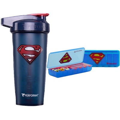 2 Pack Bundle, ACTIV 28oz (800mL) Shaker & 7 Day Pill Container, Superman, Performa Canada